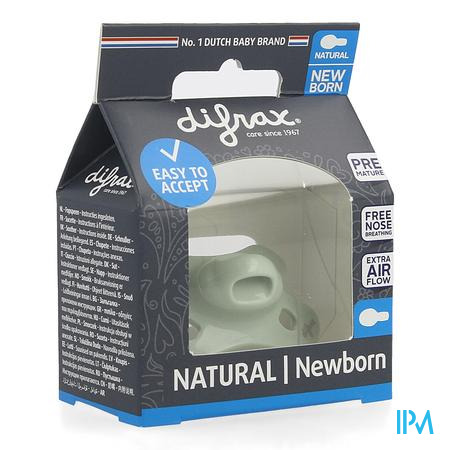 Difrax Fopspeen Natural Newborn Uni/pure Gr./pist.