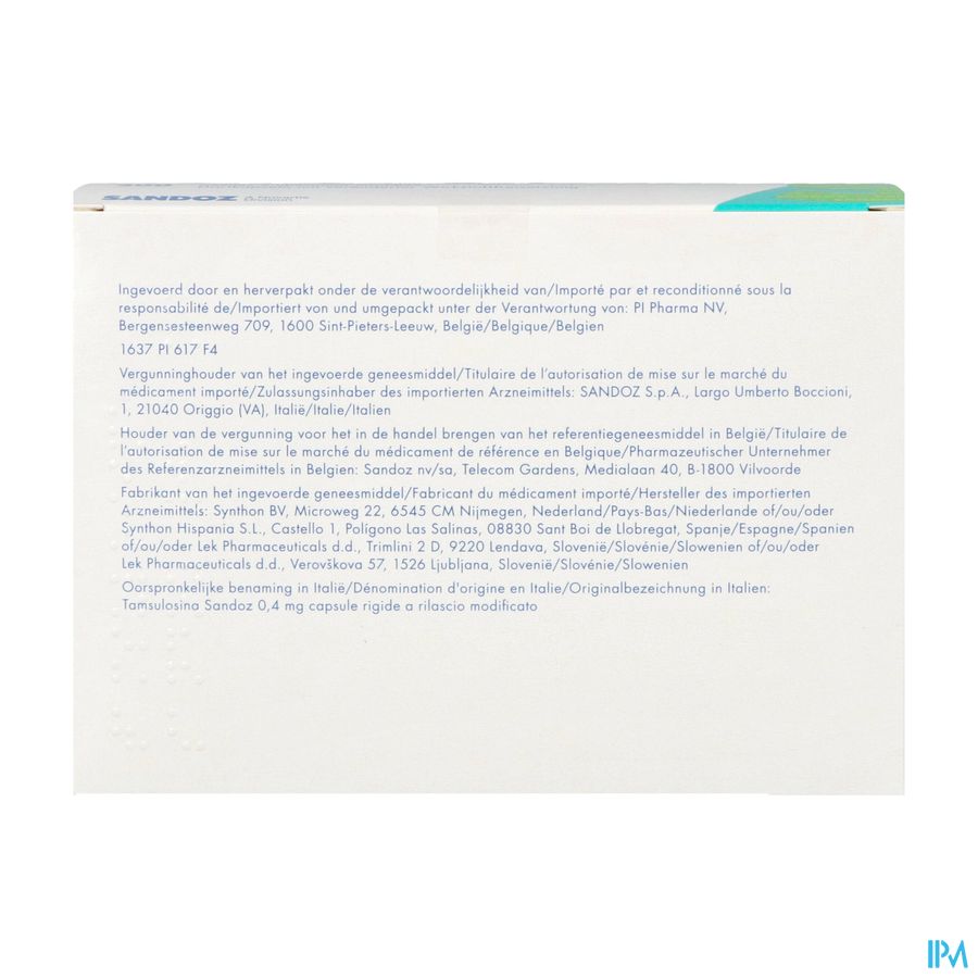 Tamsulosine Sandoz 0,4mg Gereg.afgifte Caps200 Pip 1