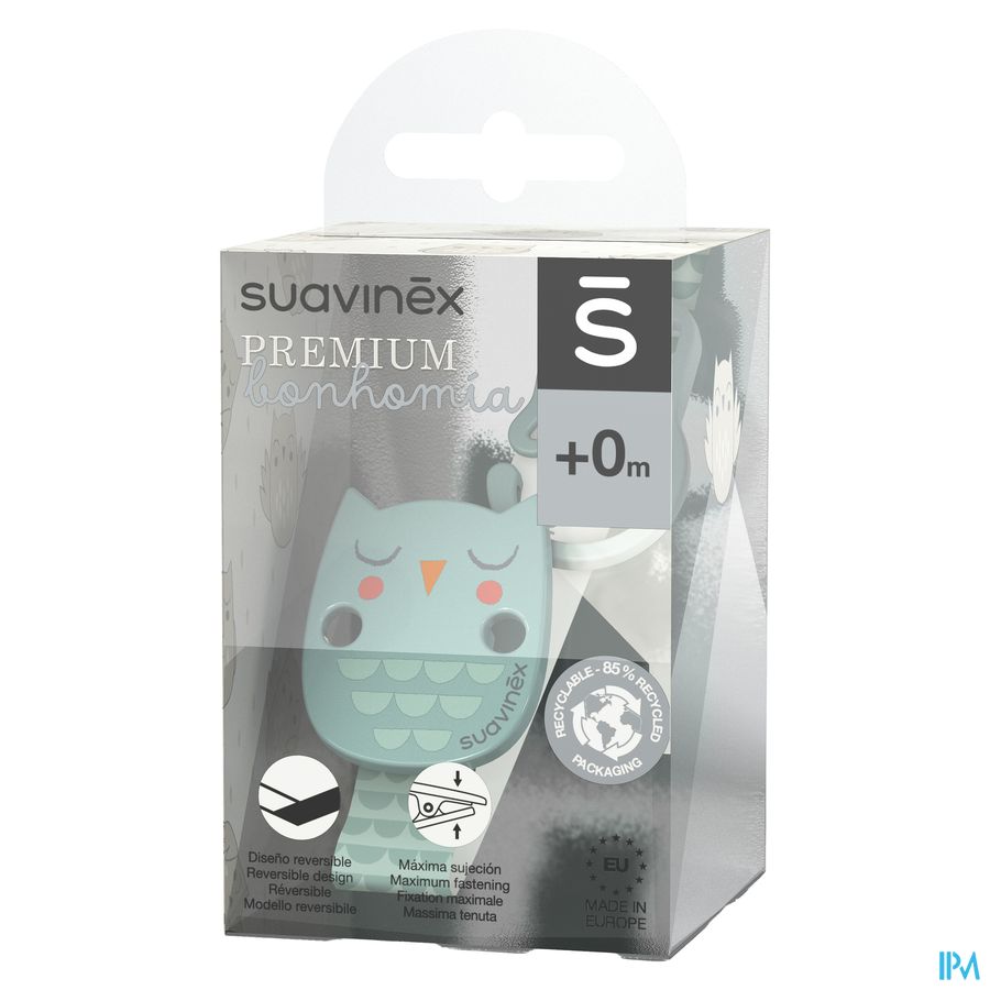 Suavinex Bonhomia Soother Clip+ribbon Owl Green 1