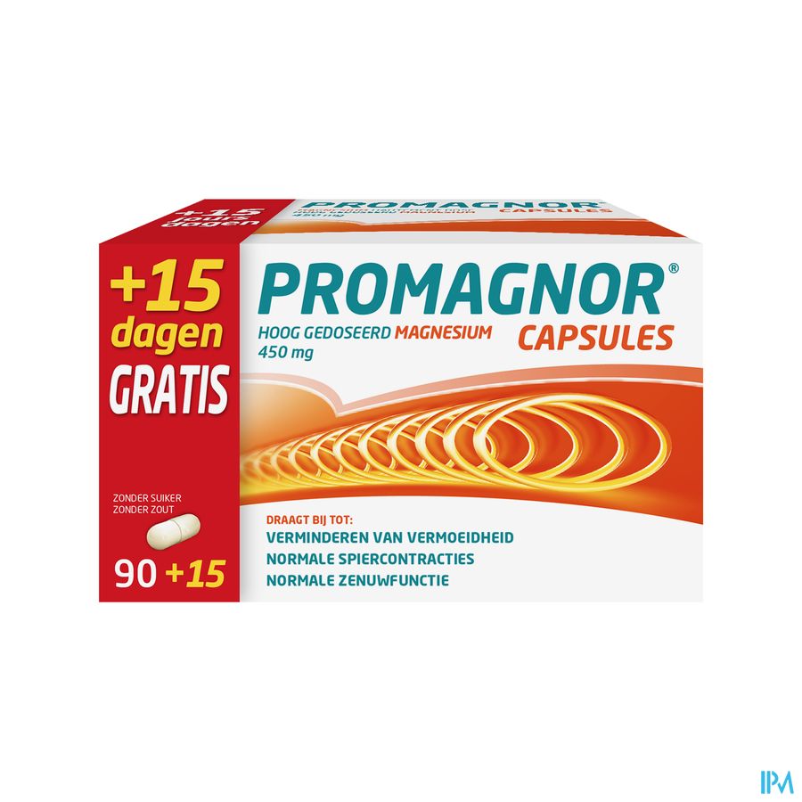 Promagnor: Hoog Gedoseerd Magnesium 450mg (90+15 capsules) Promagnor: Hoog Gedoseerd Magnesium 450mg (90+15 capsules)