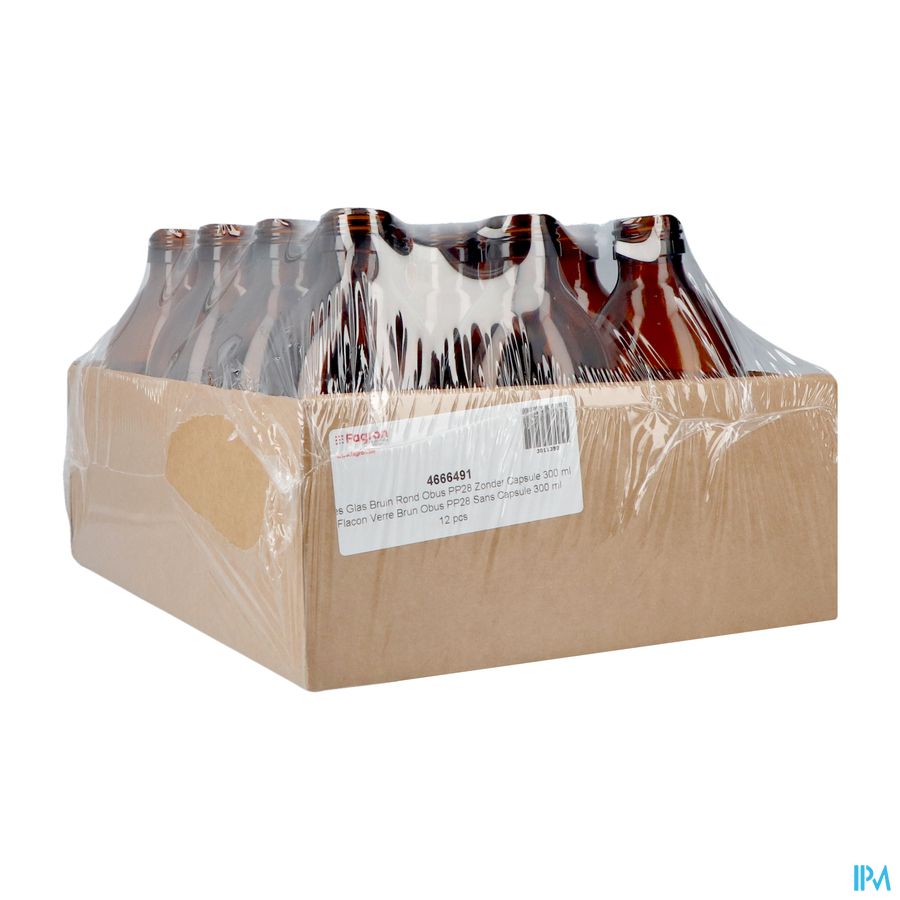 Fles Glas Bruin Rond Obus Pp28 Z/capsule 300ml 12 Fles Glas Bruin Rond Obus Pp28 Z/capsule 300ml 12