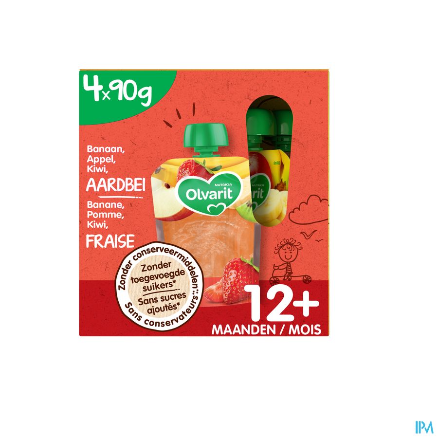 Olvarit Bio Aardb. Banaan Kiwi Multipack 12m 4x90g Olvarit Bio Aardb. Banaan Kiwi Multipack 12m 4x90g