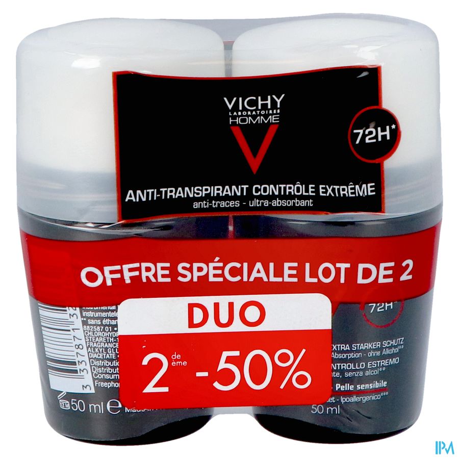 Vichy Homme Deo A/transp. 72u Roller Duo 2x50ml 1