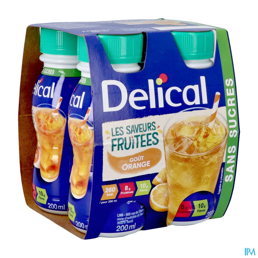 Delical Fuitdrink Z/suiker Sinaasapp. 4x200ml Delical Fuitdrink Z/suiker Sinaasapp. 4x200ml