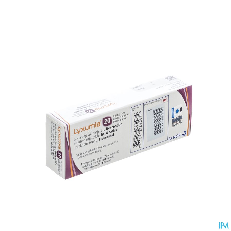 Lyxumia 20 Mcg Opl Inj 2 Paarse Voorgev Pen 3ml