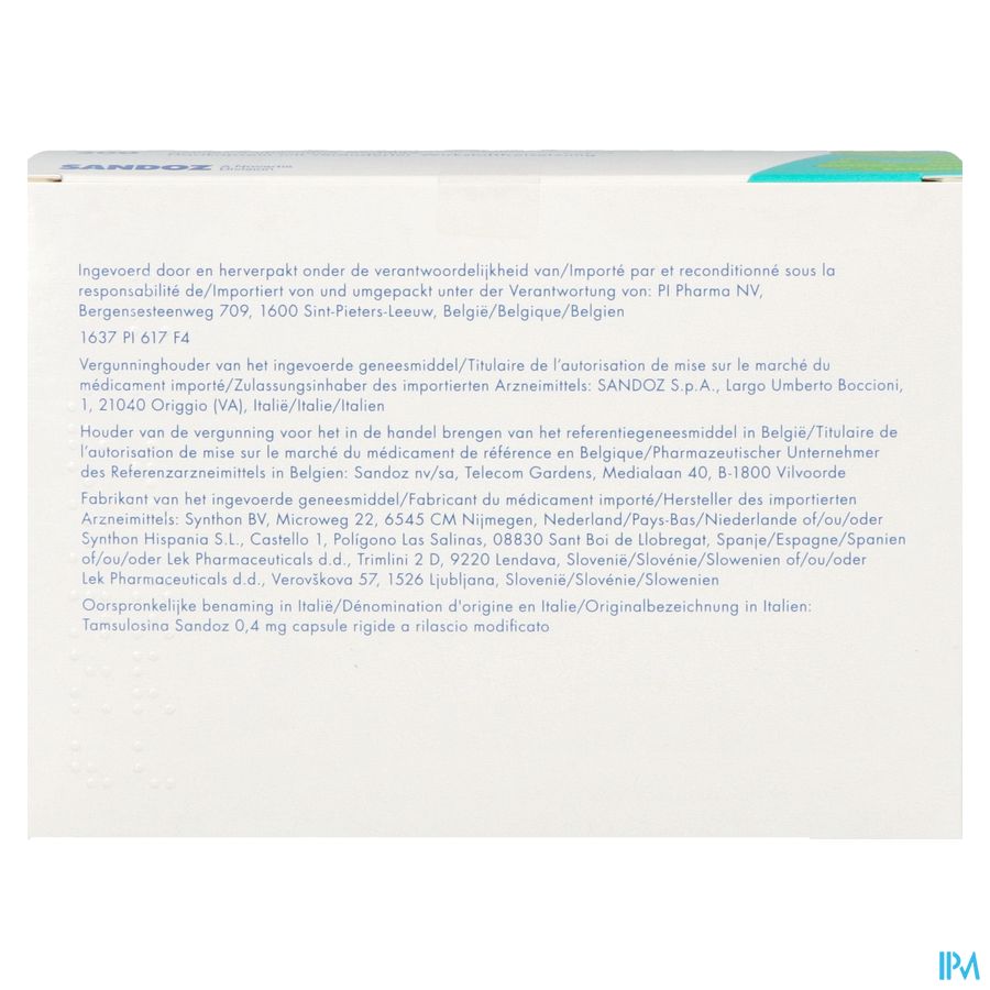 Tamsulosine Sandoz 0,4mg Gereg.afgifte Caps200 Pip 3