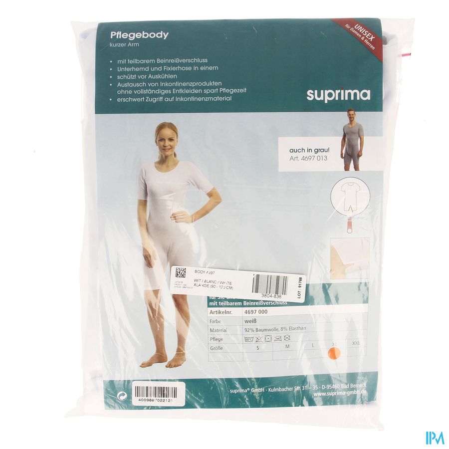 Suprima 4697 Body Manche Courte+zip Jambe Blanc Xl Suprima 4697 Body Manche Courte+zip Jambe Blanc Xl