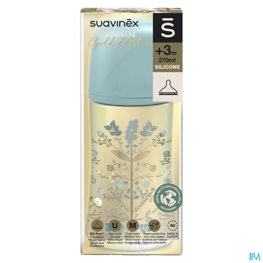 Suavinex Gold Bottle Silicone Slow Flow 270ml Blue 1