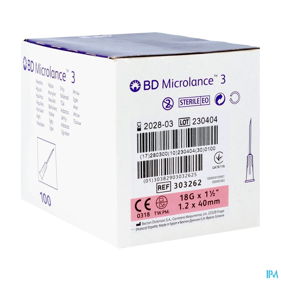 Bd Microlance 3 Hypod.naald 18g 1 1/2"40mm Iv. 100 Bd Microlance 3 Hypod.naald 18g 1 1/2"40mm Iv. 100