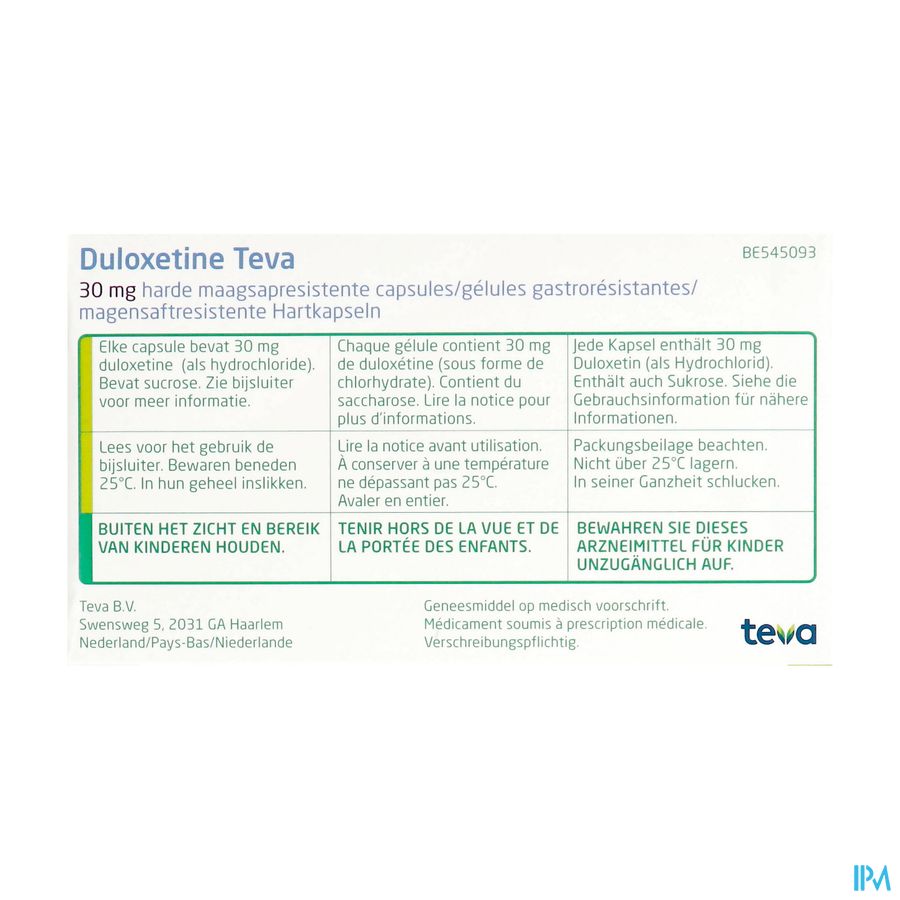 Duloxetine Teva 30mg Gastro Resist Caps 28 X 30mg 1