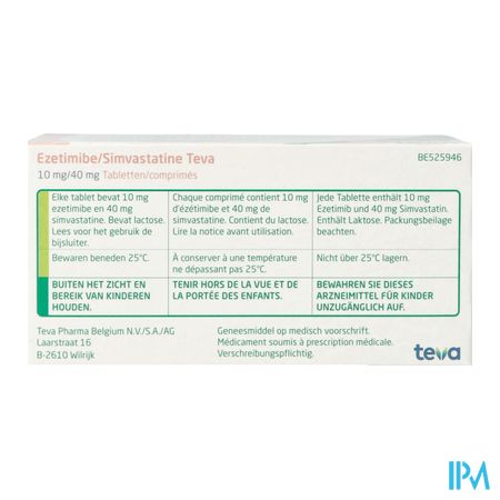 Ezetimibe Simvastatine Teva 10mg/40mg Comp 100 5