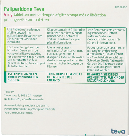 Paliperidone Teva 6mg Verl.afgifte Comp 112 X 6mg 7