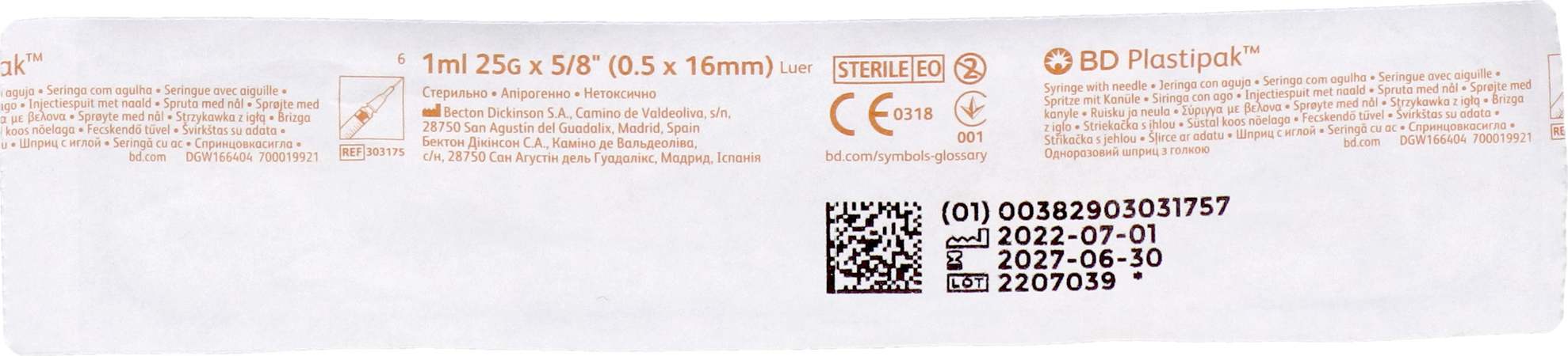 Bd Plastipak Ser.+aig.tuberc. 1ml+25g 5/8 1 303175 5