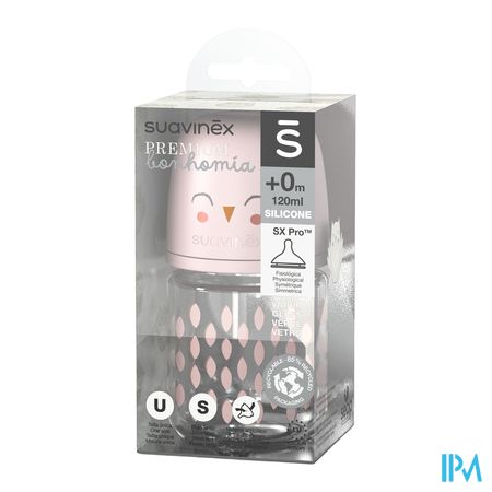 Suavinex Bonhomia Bottleglas Sili.featherpink120ml 1