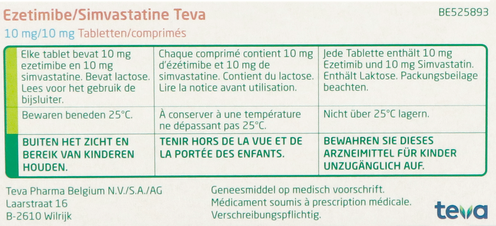 Ezetimibe Simvastatine Teva 10mg/10mg Comp 100 5