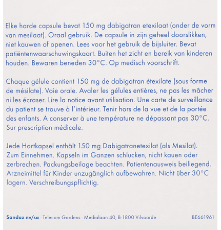 Dabigatran Etexilaat Sandoz 150mg Harde Caps 180 3