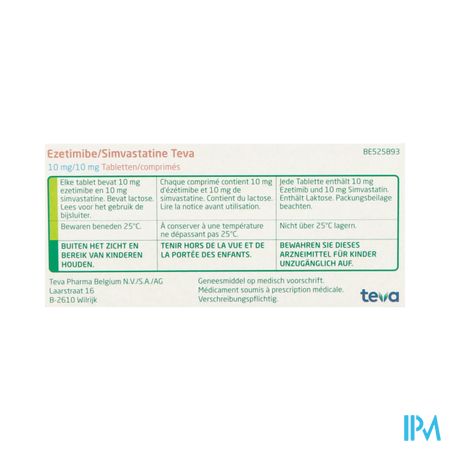 Ezetimibe Simvastatine Teva 10mg/10mg Comp 100 1