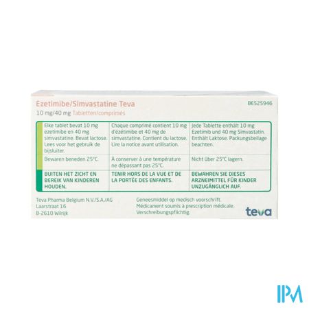 Ezetimibe Simvastatine Teva 10mg/40mg Comp 100 1