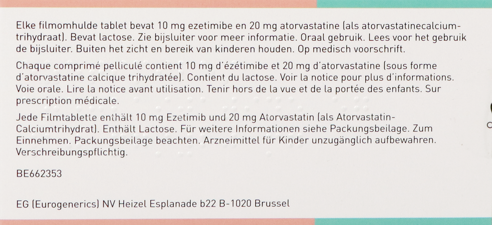 Ezetimibe/Atorvastatine EG 10Mg/20Mg Comp Pell 100 3