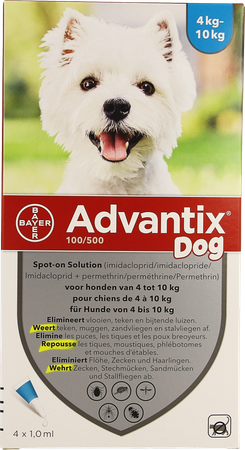 Advantix 100/ 500 Honden 4<10kg Fl 4x1,0ml 2